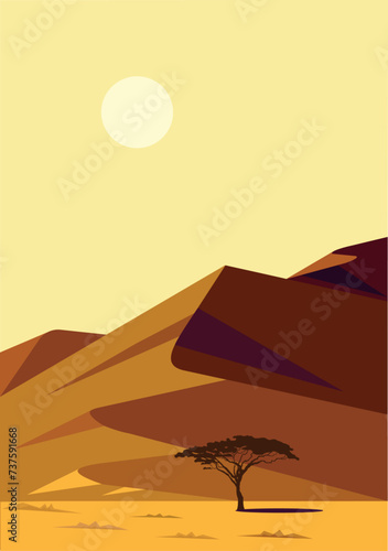 Sunset in desert, minimalistic clean landscape, tree in desert, desert dune