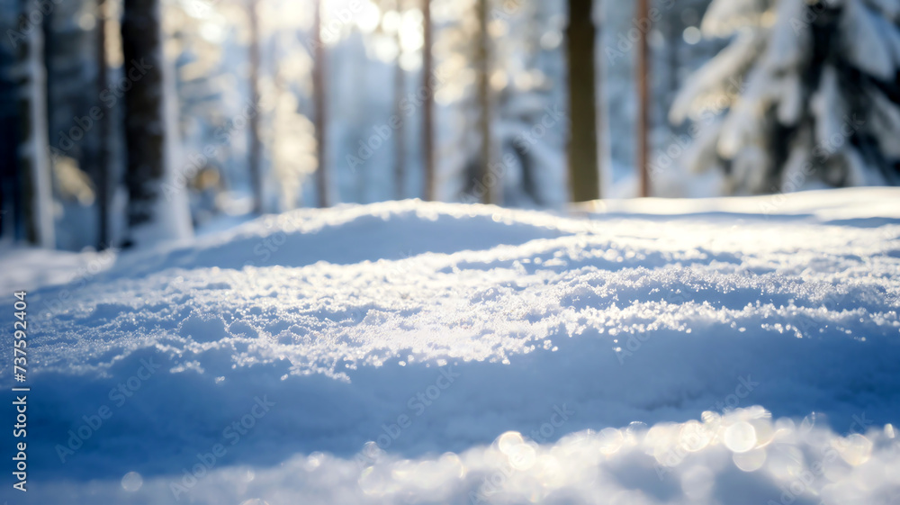 Fototapeta premium Close-up of fresh snow with sunlit forest in the background representing winter, cold, nature, tranquility, and the holiday season.