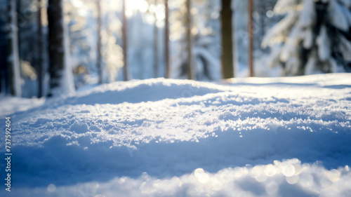 Close-up of fresh snow with sunlit forest in the background representing winter, cold, nature, tranquility, and the holiday season.