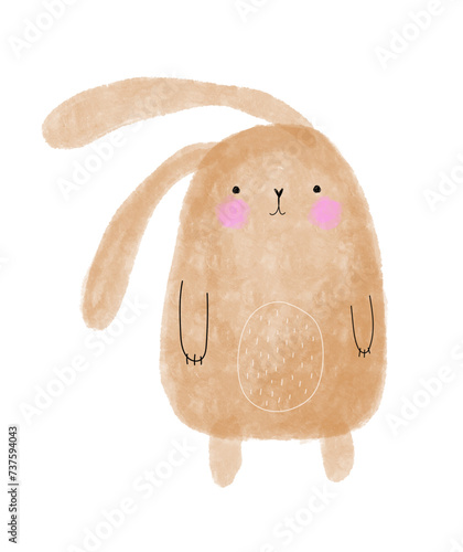 Funny Brown Bunny with Long Ears. Childish Drawing-like Nursery Art with Cute Rabbit Perfect for Card, Wall Art, Kids' Room Decoration. Easter Bunny. Lovely Infantile Style Woodland Print. RGB. 