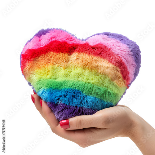 Rainbow LGBTQIA+ Heart Pillow in the Hold of a Woman’s Hand, Isolated on Transparent Background, PNG