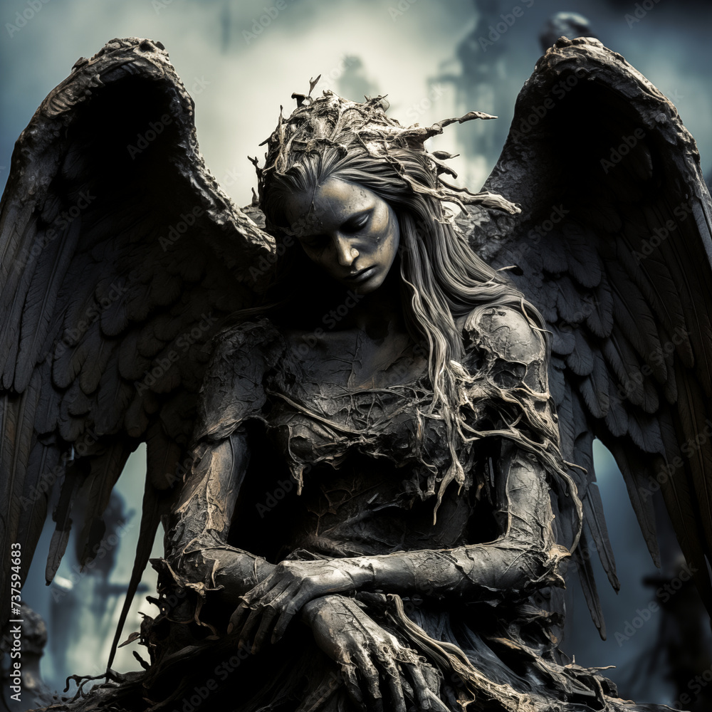 Fototapeta premium Dark mourning angel sculpture illustration
