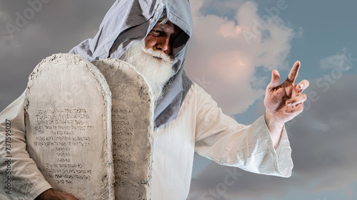 Quadro su tela The Old Testament biblical prophet Moses holds the tablets with the ten  command