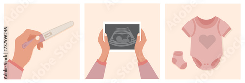 Modern pregnancy banner, woman with a positive pregnancy test, with ultrasound results, baby clothes bodysuit and socks, Set of vector flat illustrations about motherhood and parenthood. Set