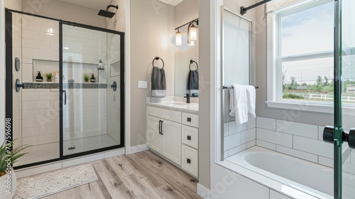 Minimalist Bathroom with Black Frameless Shower Door AI Generated.