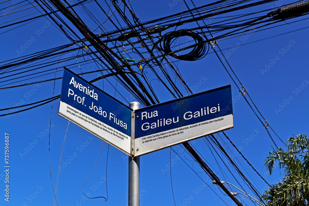 Street sign and electrical wires in Ribeirao Preto, Sao Paulo, Brazil