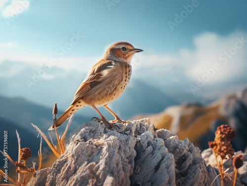 A solitary oscine sparrow perches gracefully on a rugged mountain rock, its beak poised to fill the serene sky with its melodic song, blending seamlessly with the beauty of nature photo