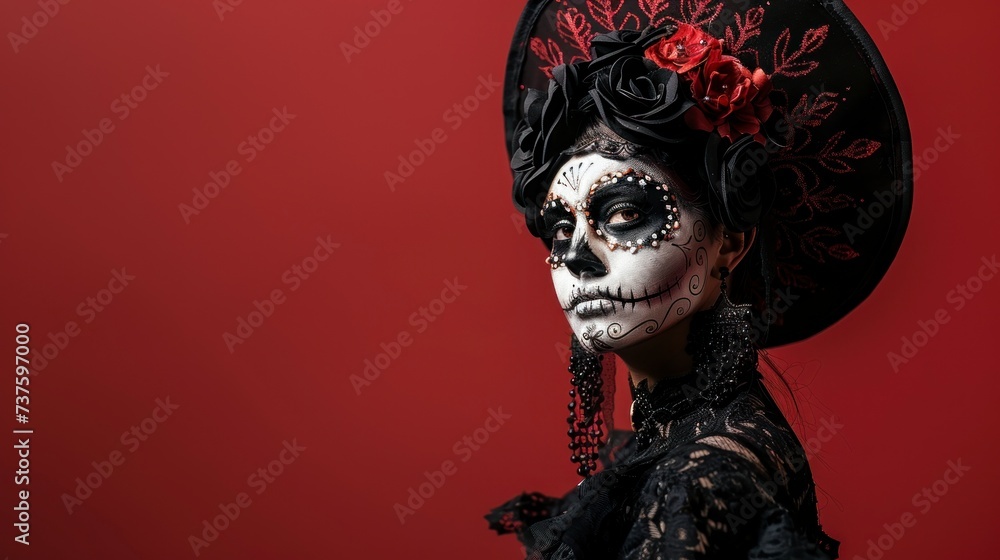 beautiful mexican woman with day of the dead painted face in a park beautiful mexican woman with day of the dead painted face in a park