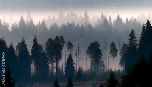 Serene Forest Silhouettes Shrouded in Soft Misty Morning Light © Maule