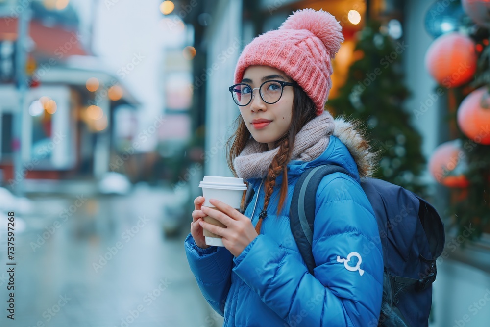 An Asian female registered nurse wearing a blue jacket and a pink hat holding a cup of coffee. An Asian female registered nurse wearing a blue jacket and a pink hat holding a cup of coffee.