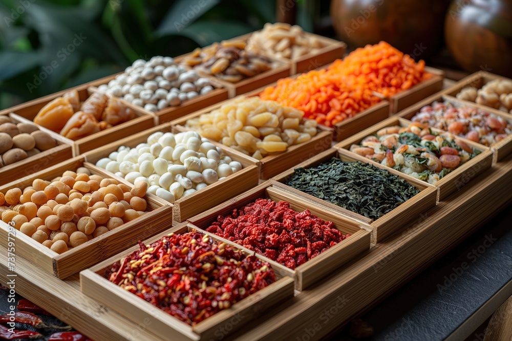 A wooden tray filled with a variety of different types of food, including Chinese herbal tea ingredients, arranged on a bamboo surface.