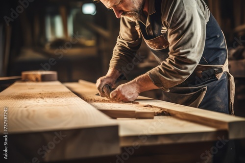 Carpenter doing wood work using classic old machine plane tools in a workshop.