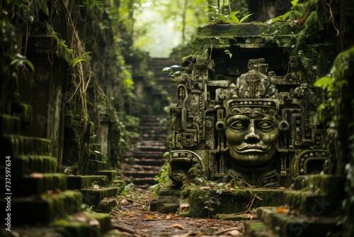 A sculpture of a face stands in a forested archaeological site