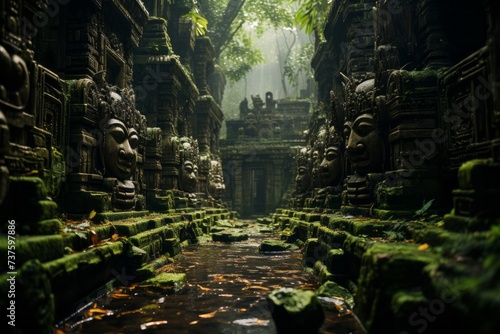 A temple surrounded by a forest, with a river flowing through it