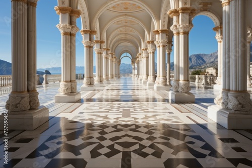 a long hallway with arches and columns and a checkered floor