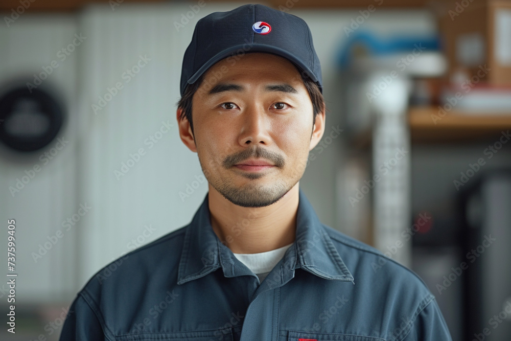 Portrait of a korean plumber with blurred kitchen background Portrait of a korean plumber with blurred kitchen background