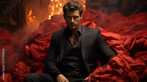 Man Sitting on Top of a Pile of Red Sheets