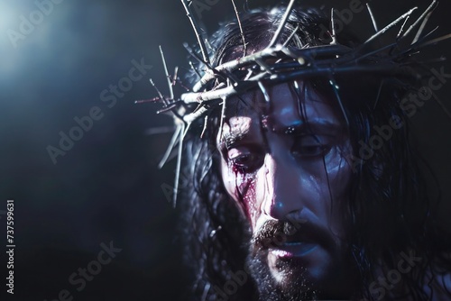 Emotional portrayal of Jesus Christ with a crown of thorns, conveying the weight of suffering and sacrifice central to his teachings,