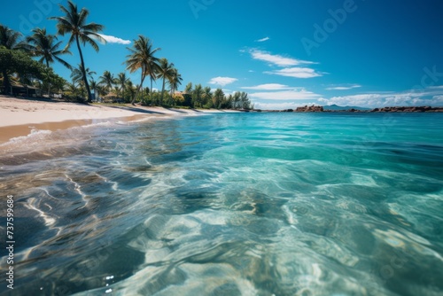 Sunny day at the beach with palm trees, clear water, and blue sky