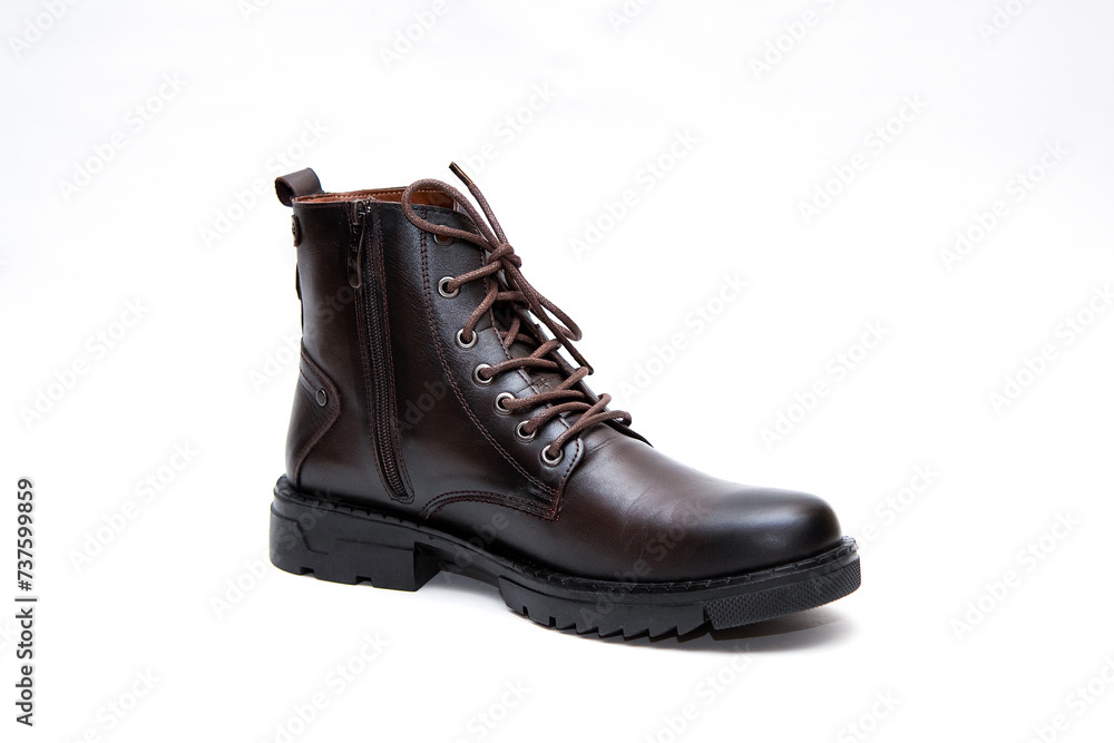 Fashionable men's leather shoes on white background. shoes brown. Men's high boots
