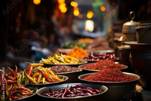 a row of bowls filled with different types of peppers and spices photo