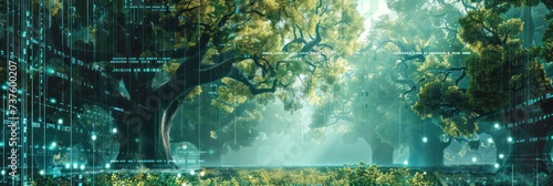 Futuristic digital forest concept with green technology and ecology network. Background for technological processes, science, presentations, education, etc photo