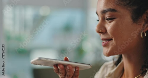 Closeup, woman and smartphone with speaker for phone call, conversation and communication on internet. Cellphone, voice record and microphone on mobile app and networking in online discussion. photo