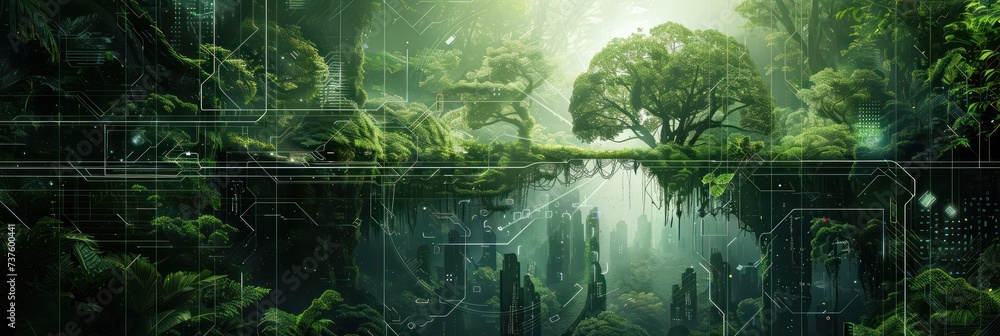 Futuristic digital forest concept with green technology and ecology network. Background for technological processes, science, presentations, education, etc