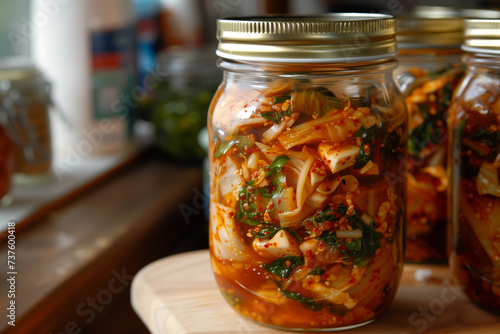 Fermented kim chi in a glass jar photo