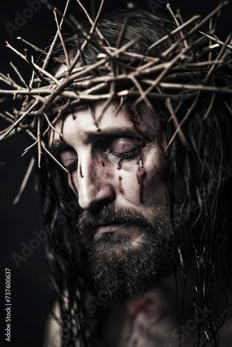 Profound image capturing Jesus wearing a crown of thorns, encapsulating the symbolic journey of pain and redemption