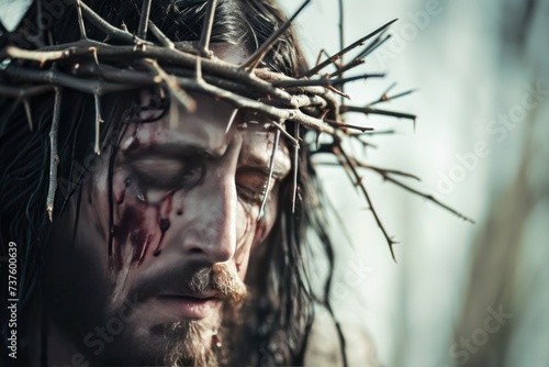 Profound image capturing Jesus wearing a crown of thorns, encapsulating the symbolic journey of pain and redemption