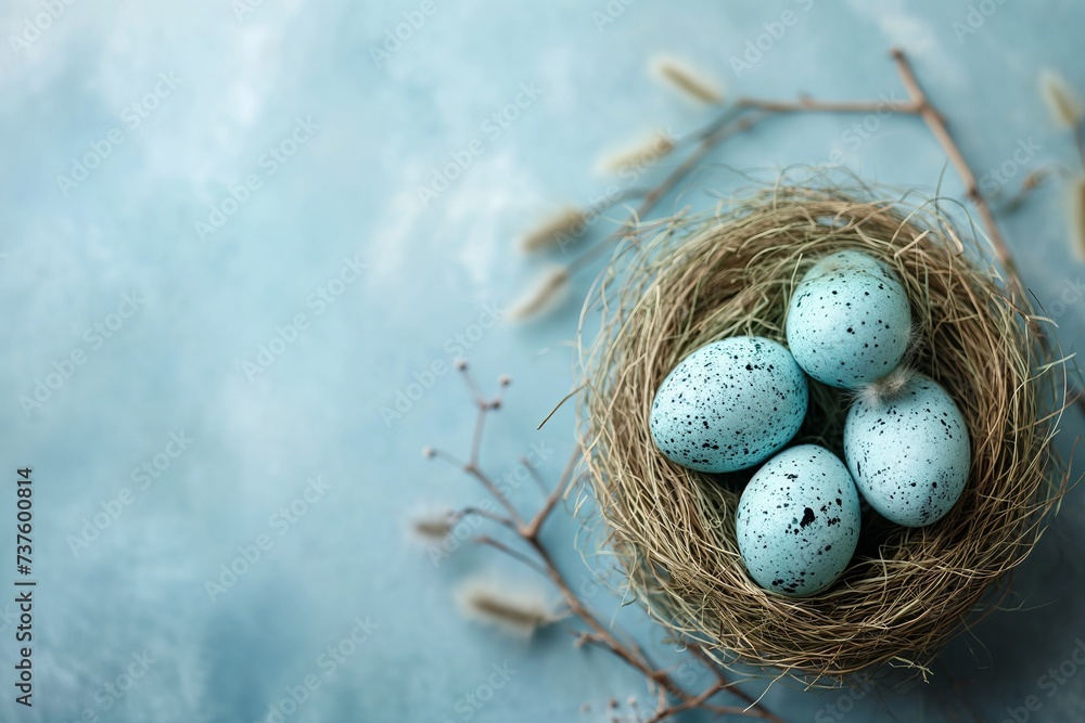 Obraz premium Easter poster background template with Easter eggs in the nest on light blue background