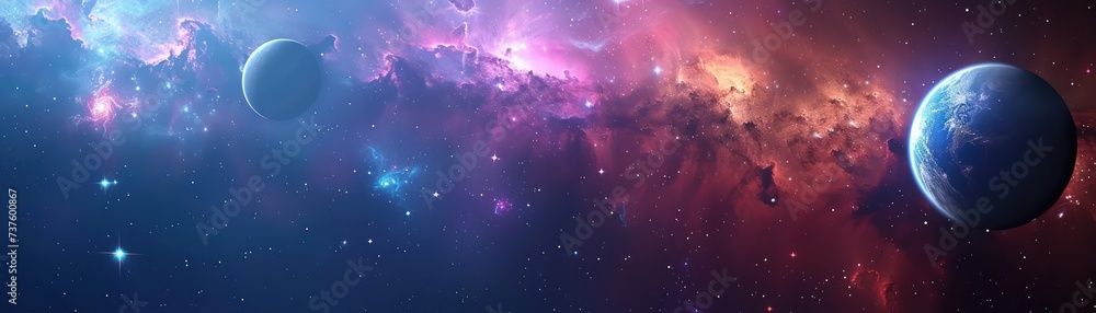 Vibrant cosmic nebulae and planets in deep space universe. Background for technological processes, science, presentations, education, etc - obrazy, fototapety, plakaty 