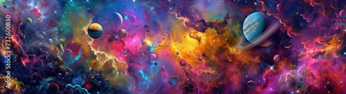 Vibrant cosmic nebulae and planets in deep space universe. Background for technological processes, science, presentations, education, etc © SwiftCraft