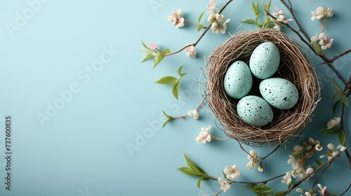 Easter poster background template with Easter eggs in the nest on light blue background photo