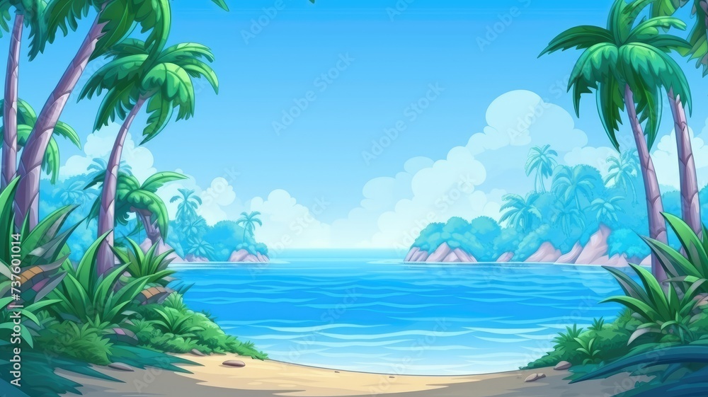 cartoon illustration of a tropical landscape with palm trees, mountains, and a calm blue river.