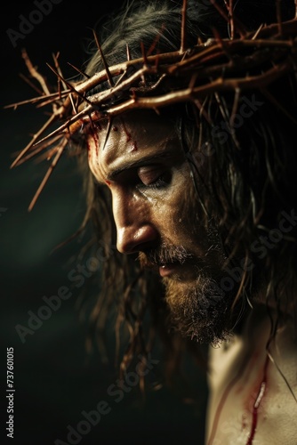 jesus is wearing a crown of thorns on his head
