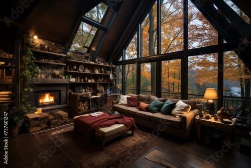 Building facade with large windows, cozy couch, and fireplace in living room