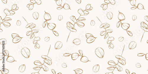 Botanical line seamless pattern of a eucalyptus leaves branch for wedding invitation and cards, textile products, web, wrapping paper and poster, template, beauty and cosmetic industry. 