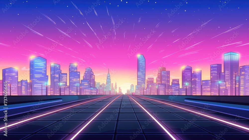 Fototapeta premium cartoon illustration Road to night city, empty highway with glowing street lamps and skyline with urban architecture.
