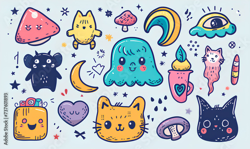 Wallpaper Mural Colorful hand drawn cartoon stickers with cats, mushrooms, and moons Torontodigital.ca