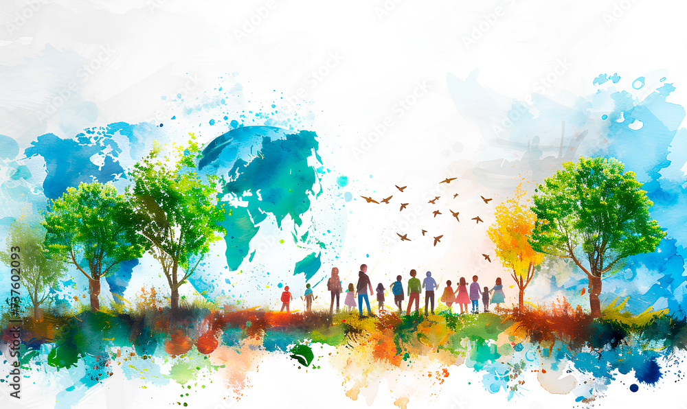 Watercolor illustration of diverse people standing in front of a world ...