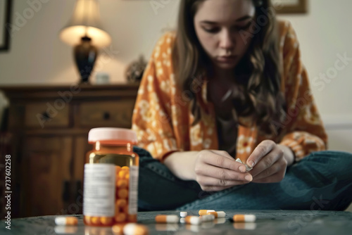A woman with depression sits on the floor surrounded by pills, symbolizing her struggle with illness and the search for treatment.