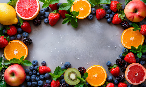 Mix of fresh berries and fruits on grey background  top view  copy space