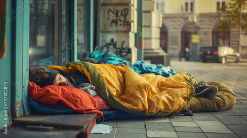 Homeless people sleeping in sleeping bag and cardboard in a street, concept of financial crisis, unemployment, lose job, vulnerable groups. photo