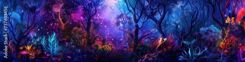 Enchanted forest with magical bioluminescent flora and shimmering trees. Background for technological processes  science  presentations  education  etc