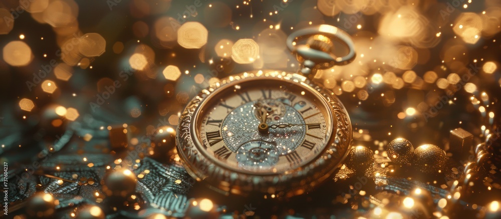 Luxury golden vintage pocket watch isolated blur glitter background. AI generated image