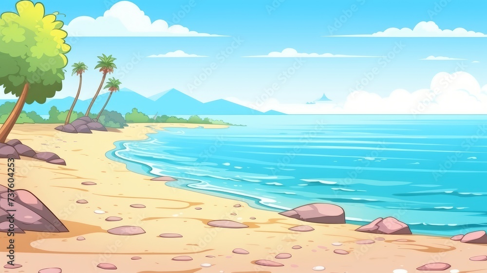  colorful cartoon  illustration of a tropical beach with clear skies, palm trees, and distant mountains.