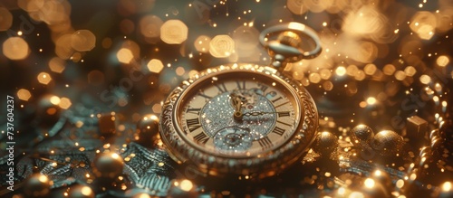 Luxury golden vintage pocket watch isolated blur glitter background. AI generated image photo