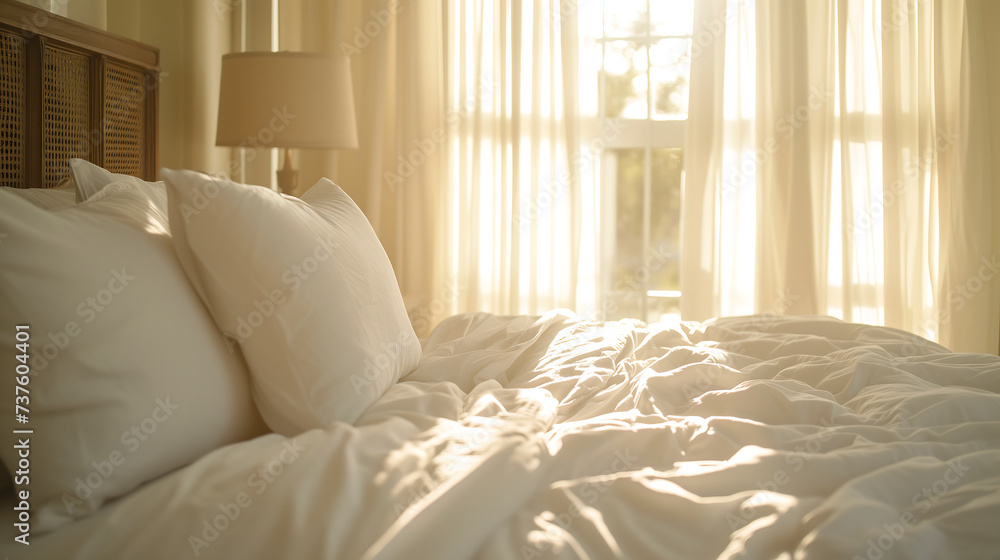 Morning white bed with sunlight streaming through the curtains. National Bed Month concept